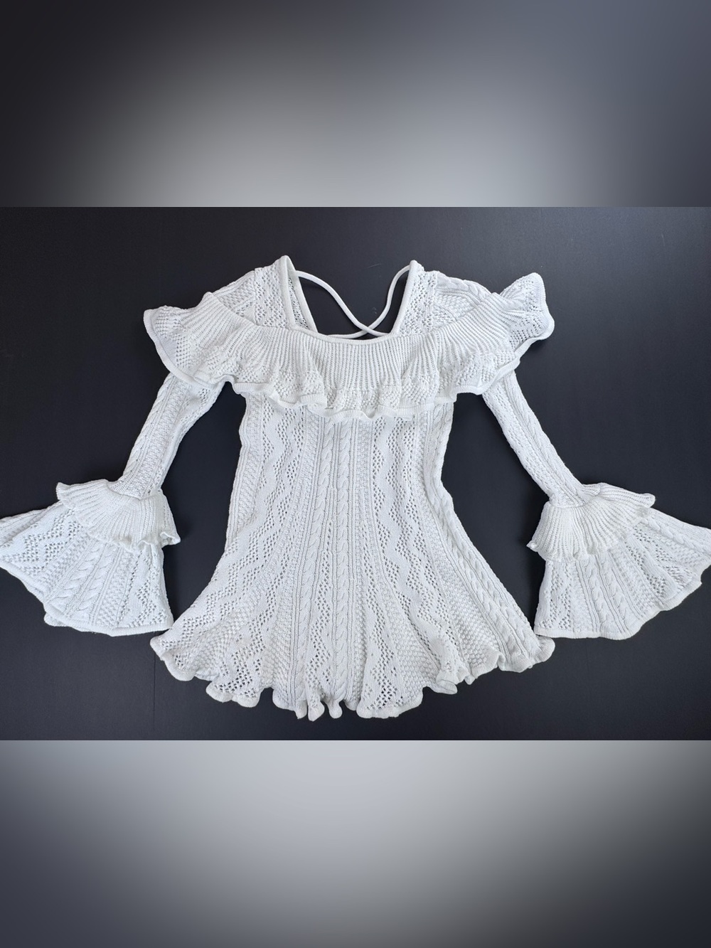 Self-Portrait Lurex White Off-the-Shoulder Crochet Ruffle Sweater Tunic Top Dres